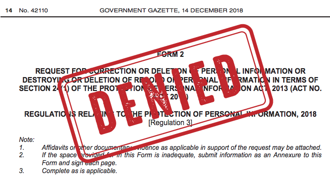 A denied request form for correction or deletion of personal information.