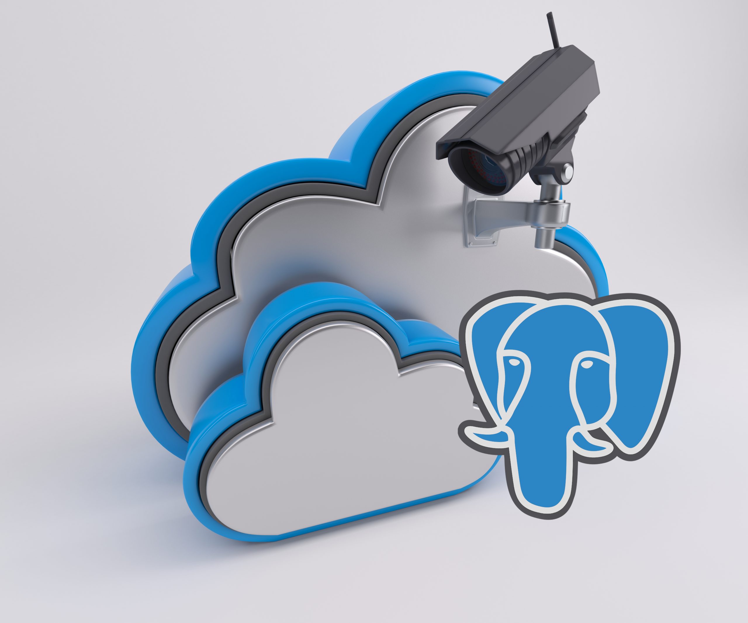 Two clouds with a camera as a security upgrade and the PostgreSQL logo