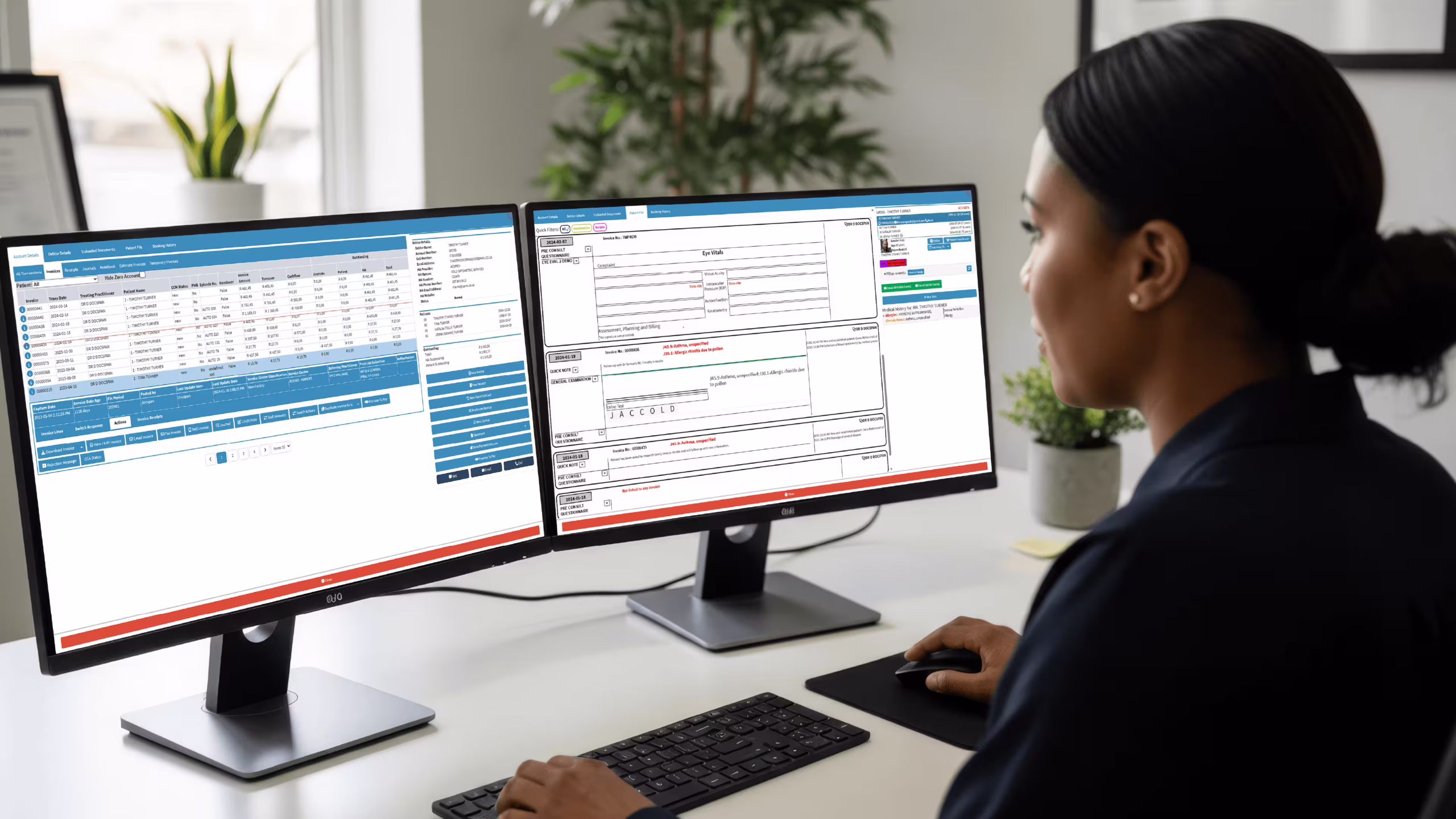A South African practice manager using a dual-screen setup with billing and patient records visible on a modern practice management dashboard Practice manager working on medical manager practice management software in a South African medical practice