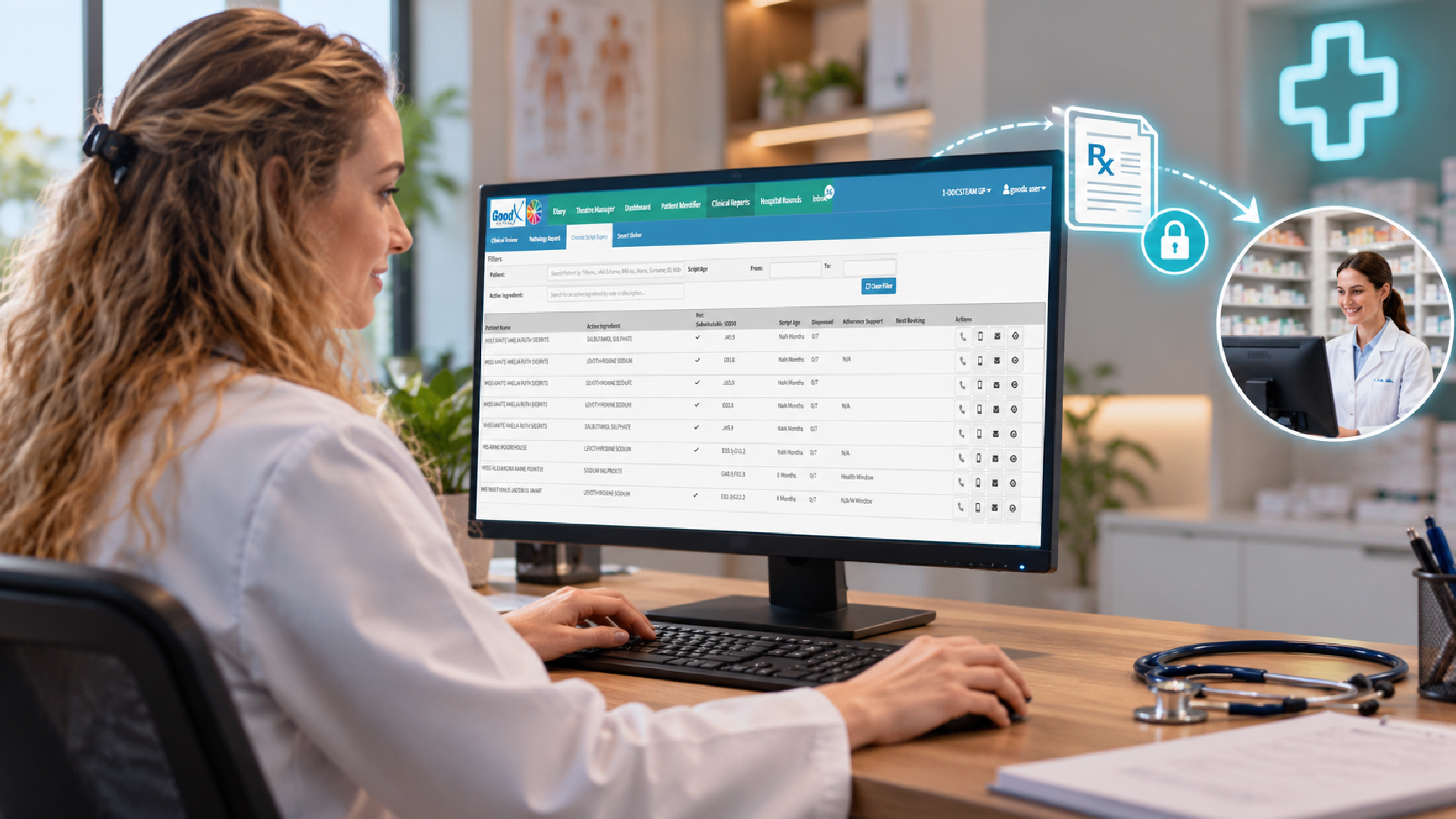e-prescribing-software.jpg-100 Doctor using e-prescribing software to send a digital prescription to a pharmacy.