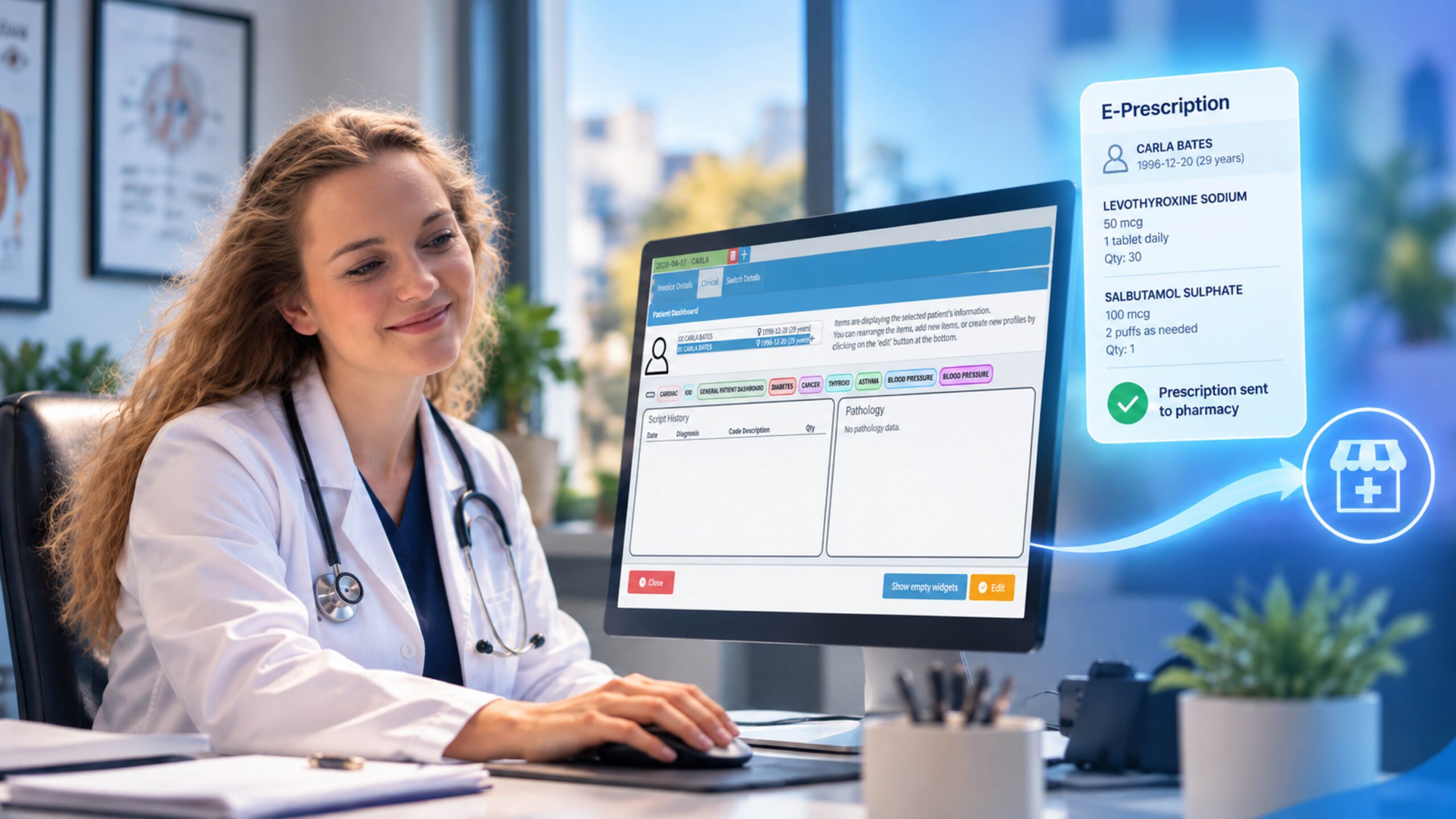 electronic-prescription-benefits (1) Doctor reviewing electronic prescription benefits on a digital healthcare system